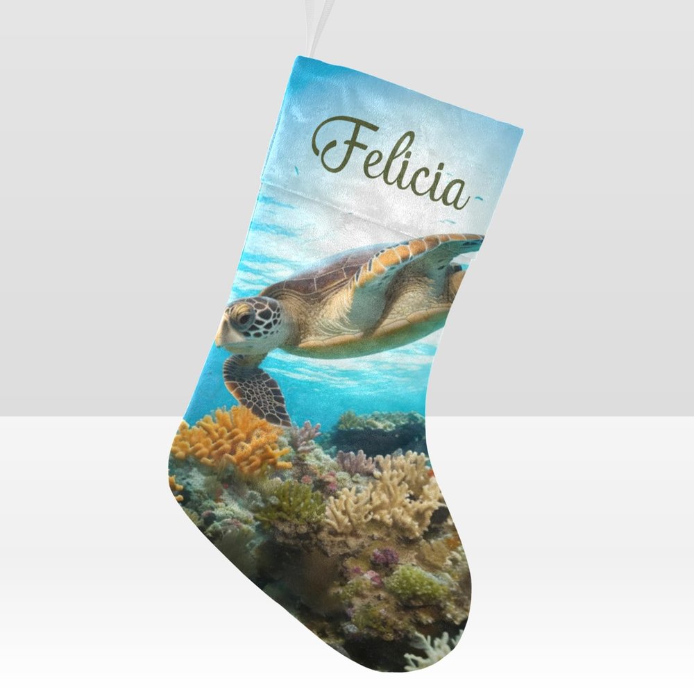 CUXWEOT Personalized Coral Sea Turtle Christmas Stockings Customize Name Candy Bag for Family Holiday Party Decorations Gift 17.52 x 7.87 Inch