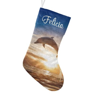 CUXWEOT Personalized Sunshine Jumping Dolphin Christmas Stockings Customize Name Candy Bag for Family Holiday Party Decorations Gift 17.52 x 7.87 Inch