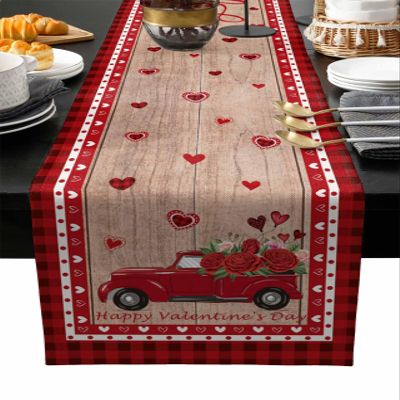 Bilagawa Valentines Day Table Runner,Happy Valentine's Day Red Truck with Roses Wood Grain Farmhouse Table Decor,Dining Table Runners for Party Decoration,13x70 Inch