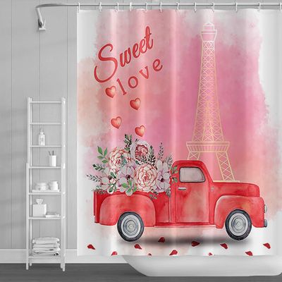 Yeele Pink Shower Curtain Paris Eiffel Tower Shower Curtains Red Truck Colorful Flowers Bathroom Curtains Waterproof Spring Bath Curtains Romantic Sweet Love Theme Home Decor with Hooks,69x70in