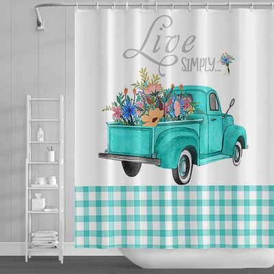 Yeele Blue Truck Shower Curtain Spring Colorful Flowers Shower Curtains Blue and White Grid Bathroom Curtain Live Simply Home Decor Valentine's Day Bathroom Curtain with Hooks,72x84in