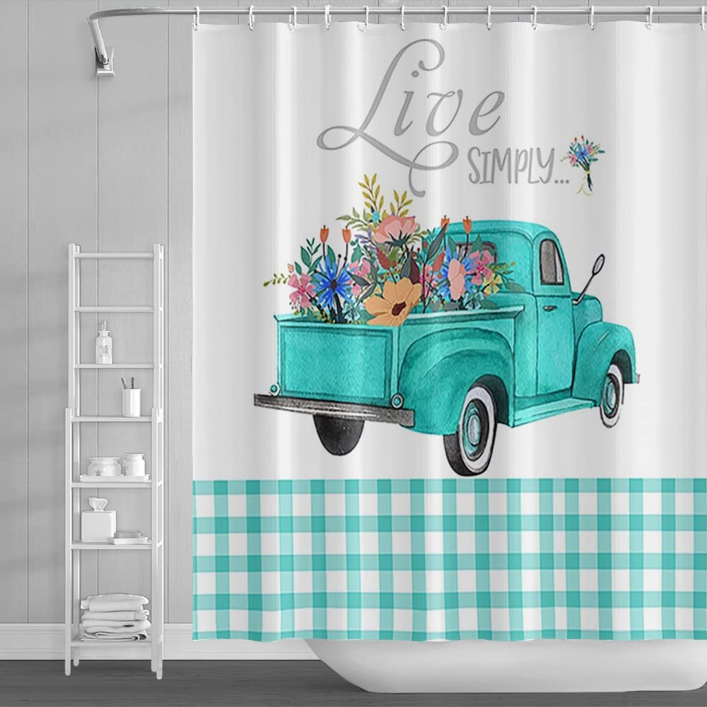 Yeele Blue Truck Shower Curtain Spring Colorful Flowers Shower Curtains Blue and White Grid Bathroom Curtain Live Simply Home Decor Valentine's Day Bathroom Curtain with Hooks,72x84in