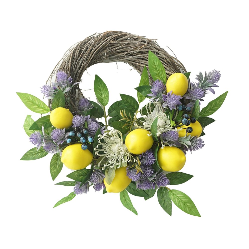 DEDEMCO Spring Lemon Wreath Lavender Front Door Wreath,17 Inch Green Eucalyptus Wreath Floral Garland Summer Fruit Wreath with Lemon Blueberry for Home Party Decor