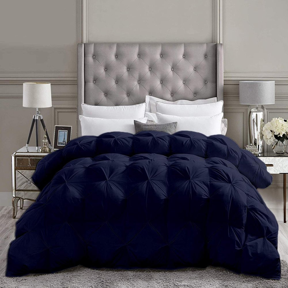 Saferay Green All-Season Luxury Pinch Pleated Pintuck Oversized King Plus Size 128 x 120 Inches Size Down Alternative Quilted Comforter 1 Comforter 1 Piece 500 GSM - Machine Washable Navy Blue