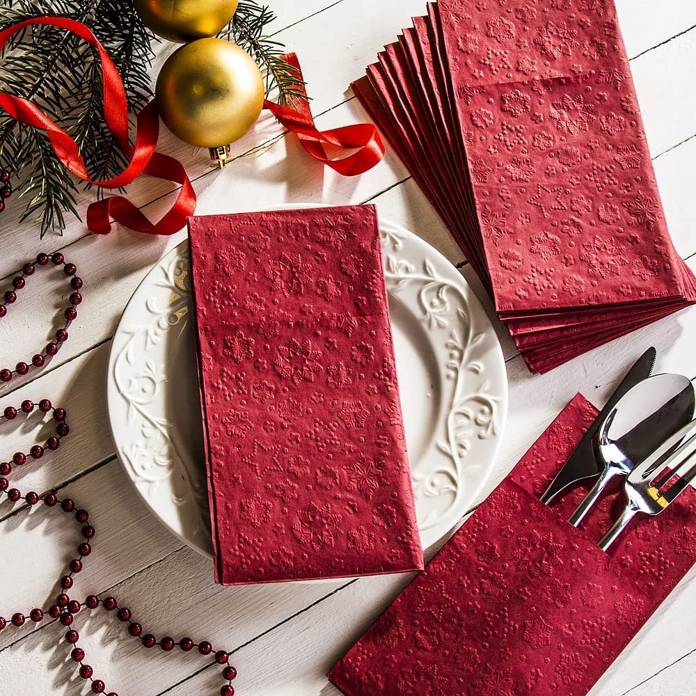 Paper Prefolded Pocket Napkins Cutlery Sleeve Holiday Table Dinner, Party Decoration, Red Napkin Pouches with Embossed Snowflakes, 16-Count Flatware Pocket for Silverware