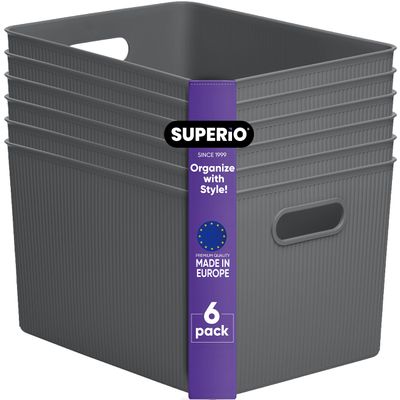 Superio Ribbed Collection - Decorative Plastic Basket Open Home Storage Bins Organizer, X-Large Grey (6 Pack) Container Boxes for Organizing Closet Storage Bins for Shelves 22 Liter/23 Quart