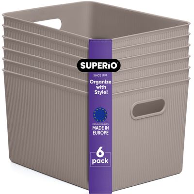Superio Ribbed Collection - Decorative Plastic Basket Open Home Storage Bins Organizer, X-Large Taupe (6 Pack) Container Boxes for Organizing Closet Storage Bins for Shelves 22 Liter/23 Quart