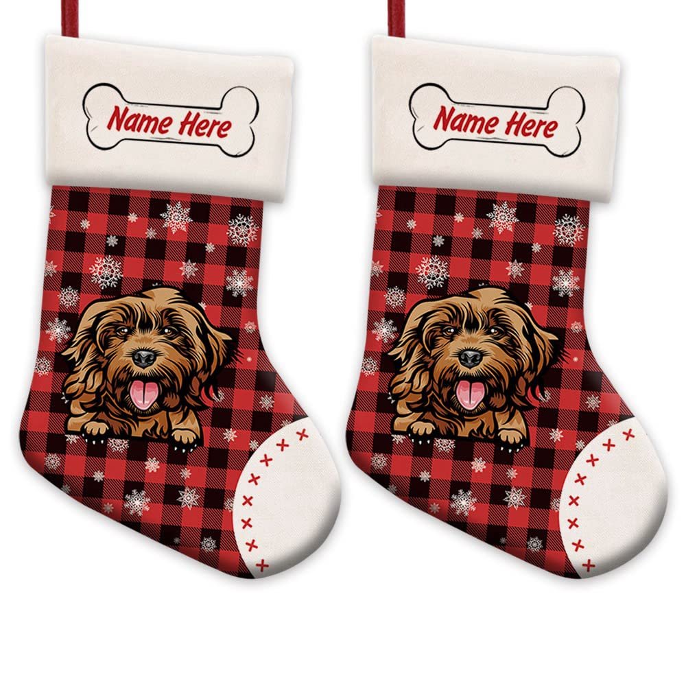MALIHONG 2 Pack Personalized Christmas Red Buffalo Plaid Stocking with Lovely Dog Cockapoo Snowflake Home Decorations Gifts for Family 14.4"