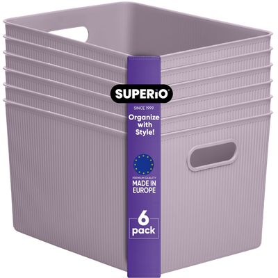 Superio Ribbed Collection - Decorative Plastic Basket Open Home Storage Bins Organizer, X-Large Lilac Purple (6 Pack) Container Boxes for Organizing Closet Storage Bins for Shelves 22 Liter/23 Quart
