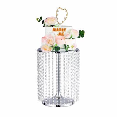12in Dia Acrylic Chandelier Metal Round Cake Stand with Crystal Pendants and Beads, Used for Christmas Wedding Party Dessert Cake Display Stand Desktop Dcor, 16" Hight Silver Rhinestone Cake Stand