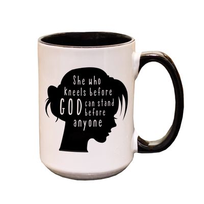 Bible verse coffee mug by swaygirls | Religious faith gifts | Christian coffee cup | Scripture she who kneels before God (11 ounces, Black handle)