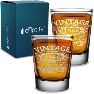 59th Birthday Gift for Men Vintage 59 Years Old Time Quality 1966 Etched on 2 oz Shot Glasses Set of 2 Birthday Decorations for Fathers, Dads, Husbands and Brothers