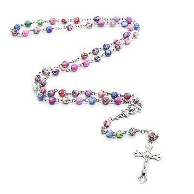 6mm Round Ceramic Beads Rosary Necklace Polymer Clay Cross Pendant Catholic Necklaces Religious Jewelry Women Charm Gifts