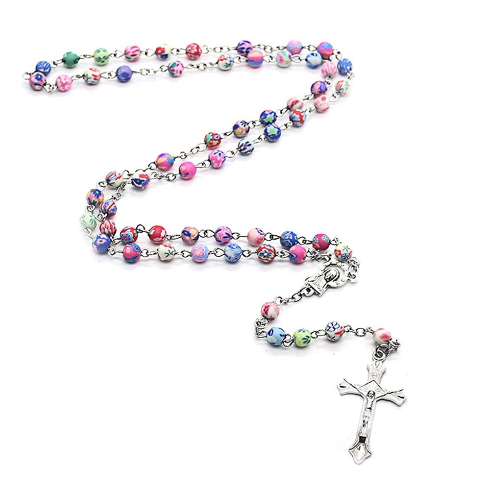 6mm Round Ceramic Beads Rosary Necklace Polymer Clay Cross Pendant Catholic Necklaces Religious Jewelry Women Charm Gifts
