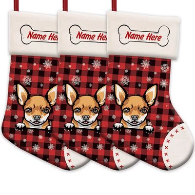 MALIHONG 3 Pack Personalized Christmas Red Buffalo Plaid Stocking with Lovely Dog Chihuahua Snowflake Home Decorations Gifts for Family 14.4"