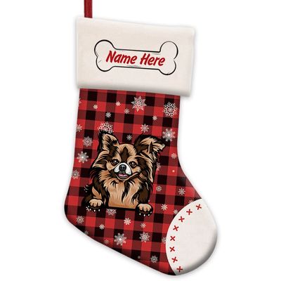MALIHONG 1 Pack Personalized Christmas Red Buffalo Plaid Stocking with Lovely Dog Chichihua Snowflake Home Decorations Gifts for Family 14.4"