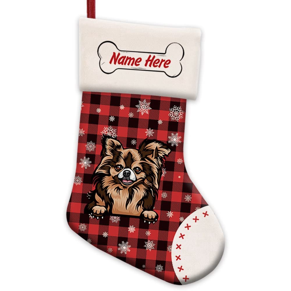 MALIHONG 1 Pack Personalized Christmas Red Buffalo Plaid Stocking with Lovely Dog Chichihua Snowflake Home Decorations Gifts for Family 14.4"
