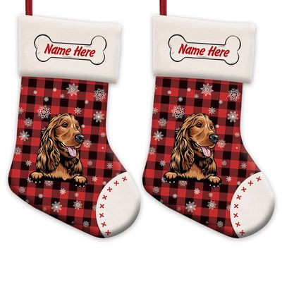 MALIHONG 2 Pack Personalized Christmas Red Buffalo Plaid Stocking with Lovely Dog Cocker Spaniel Snowflake Home Decorations Gifts for Family 14.4"