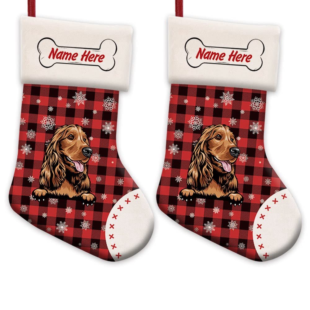 MALIHONG 2 Pack Personalized Christmas Red Buffalo Plaid Stocking with Lovely Dog Cocker Spaniel Snowflake Home Decorations Gifts for Family 14.4"