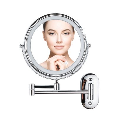 ZHANGY Wall-Mounted Makeup Mirror with LED Luminous Touch Button Stepless 3 Colors Dimmable Double-Sided Magnifying Mirror 360 Rotating 8-inch Extendable Bathroom (Silver 3X)