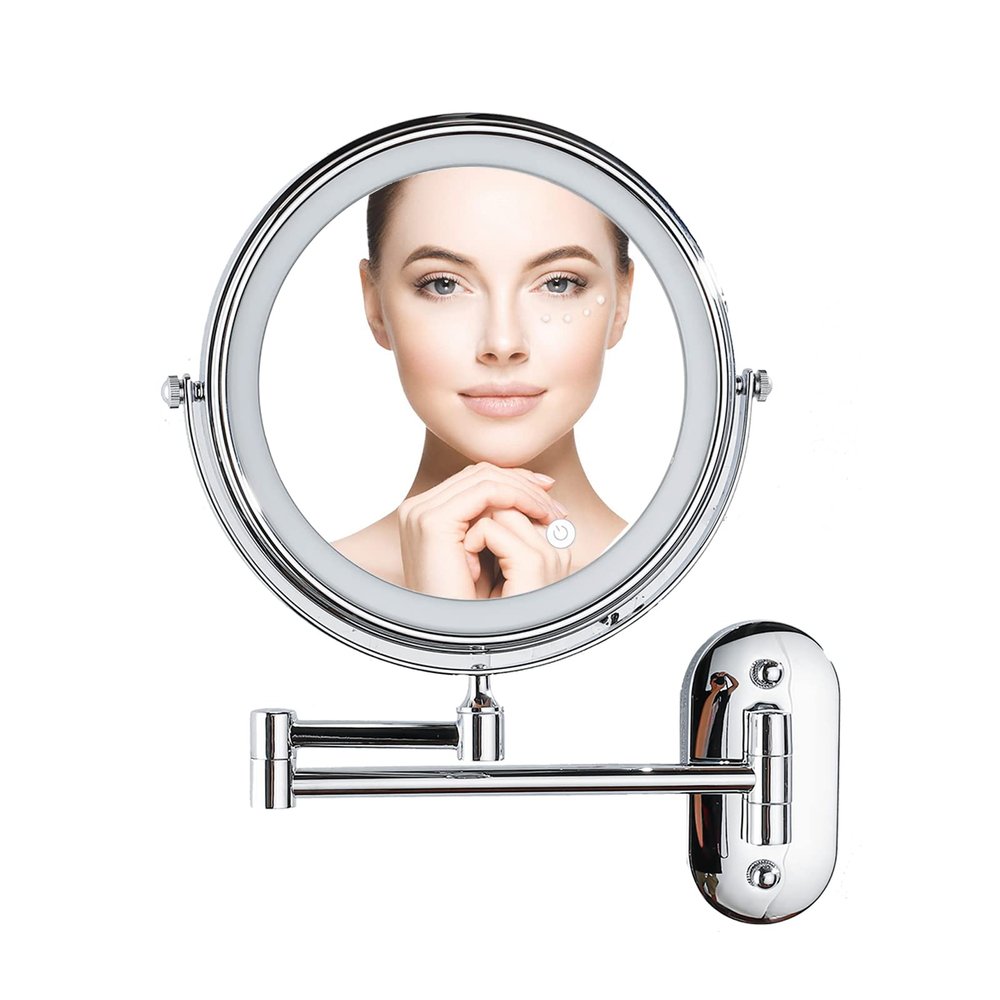 ZHANGY Wall-Mounted Makeup Mirror with LED Luminous Touch Button Stepless 3 Colors Dimmable Double-Sided Magnifying Mirror 360 Rotating 8-inch Extendable Bathroom (Silver 3X)