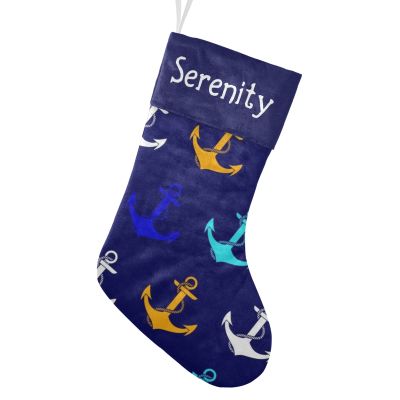 CUXWEOT Personalized Navy Nautical Anchor Blue Christmas Stockings Customize Name Candy Bag for Family Holiday Party Decorations Gift 17.52 x 7.87 Inch