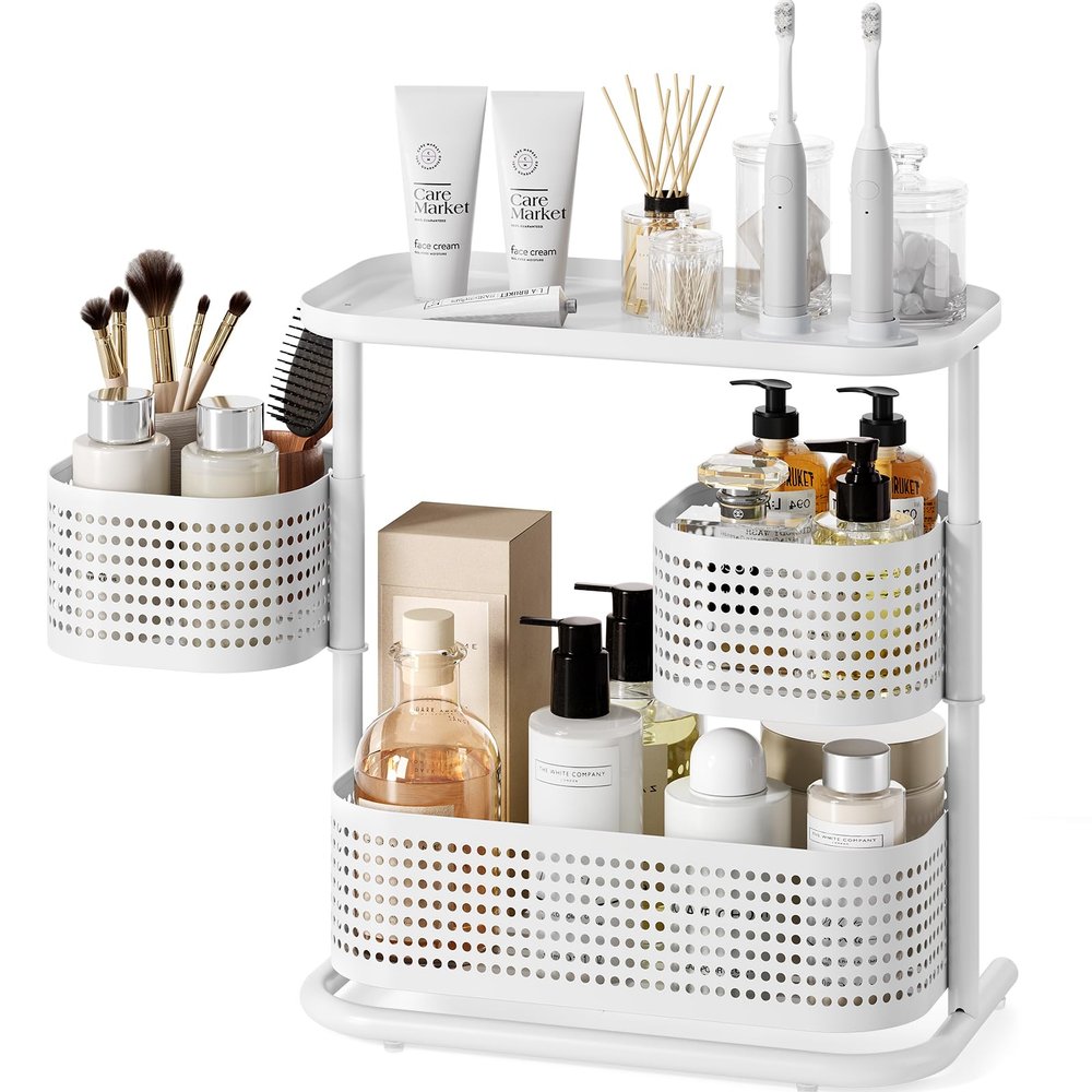 3-Tier Rotating Bathroom Counter Organizer, Vanity Tray for Makeup & Skincare, Countertop Spice Rack Storage, Space-Saving Shelf for Bathroom, Kitchen, Laundry Room, Baby Bottle Station, White