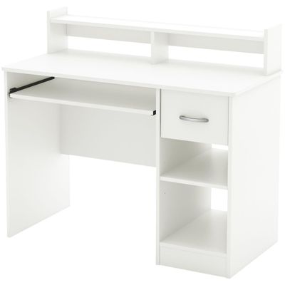 BOWERY HILL Modern Computer Desk with Keyboard Tray, Wood Writing Desk with Drawers and Shelves for Home Office, White