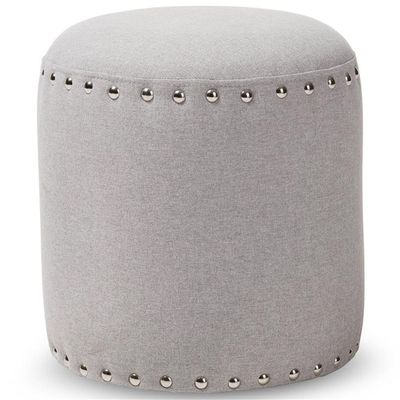Bowery Hill Modern Round Pouf Ottoman, 14 in Height, Light Gray Fabric Upholstery, Foam Padded Solid Wood and Engineered Wood Construction, Nail Trim Detail, Stylish Seating for Living Room or Bedroom