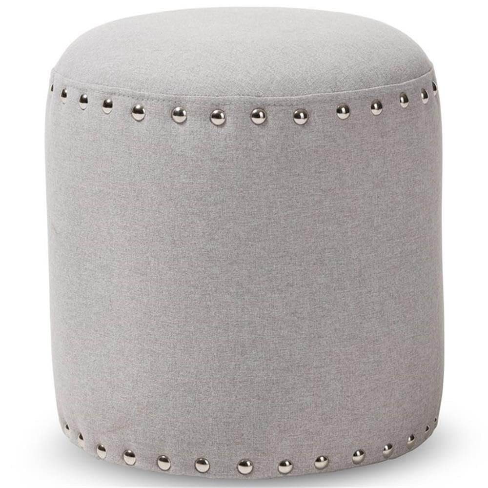 Bowery Hill Modern Round Pouf Ottoman, 14 in Height, Light Gray Fabric Upholstery, Foam Padded Solid Wood and Engineered Wood Construction, Nail Trim Detail, Stylish Seating for Living Room or Bedroom