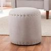 Bowery Hill Modern Round Pouf Ottoman, 14 in Height, Light Gray Fabric Upholstery, Foam Padded Solid Wood and Engineered Wood Construction, Nail Trim Detail, Stylish Seating for Living Room or Bedroom view 2