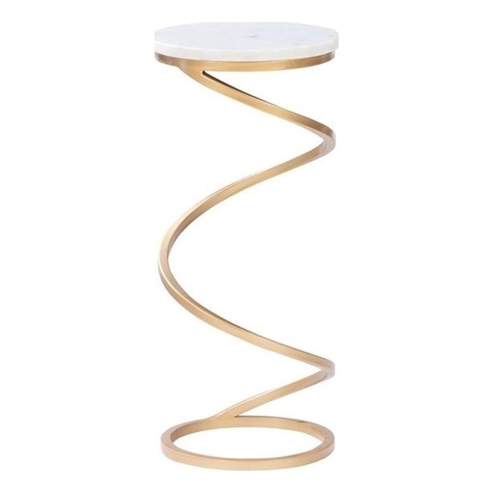 BOWERY HILL Round Metal Drink Table, Marble Top, Spiral Gold Base, Compact 10.5 in x 23.75 in, Elegant Accent Table for Living Room, Sofa Side or Small Spaces