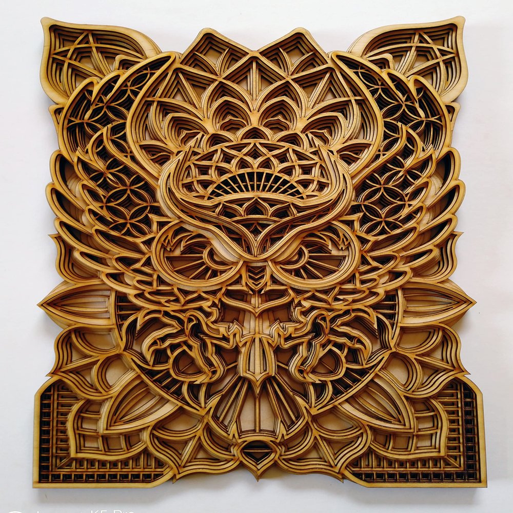 BHDecor Animal Home Wall Decor Multilayered Laser Cut Carved Elegant Wooden Mandala Hanging MDF Panels for Decoration - Rustic Contemporary Artwork 17.3 x 12.2in (44x31cm), Owl Natural