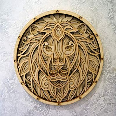 BHDecor Animal Home Wall Decor Multilayered Laser Cut Carved Elegant Wooden Mandala Hanging MDF Panels for Decoration - Rustic Contemporary Artwork 14.1 x 14.1in (36cm), Lion