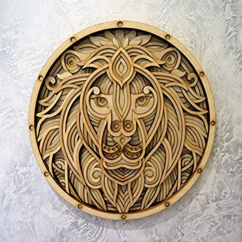 BHDecor Animal Home Wall Decor Multilayered Laser Cut Carved Elegant Wooden Mandala Hanging MDF Panels for Decoration - Rustic Contemporary Artwork 14.1 x 14.1in (36cm), Lion