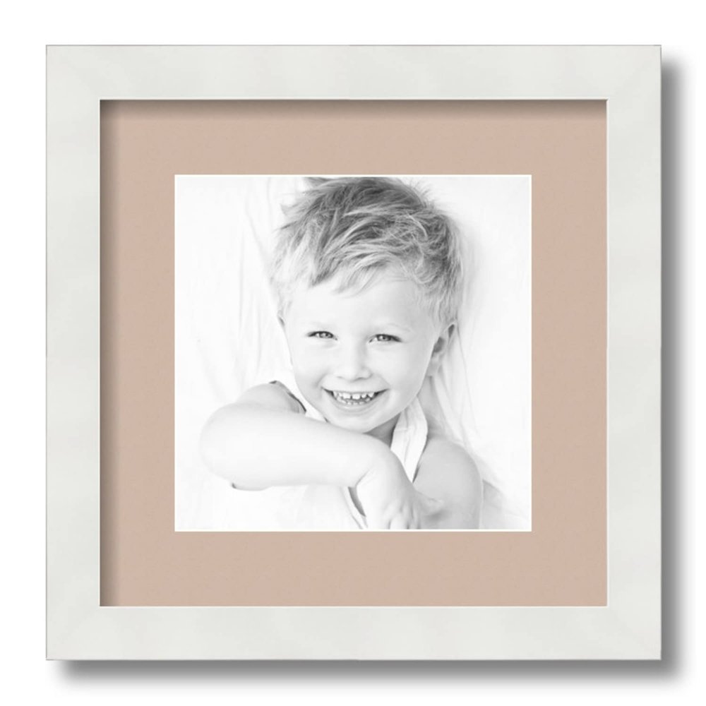 ArtToFrames 8x8 inch Satin White Frame Picture Frame with 2 Inch Single Grey Beige Mat, SingleMat-FRBW26074-8x8-778