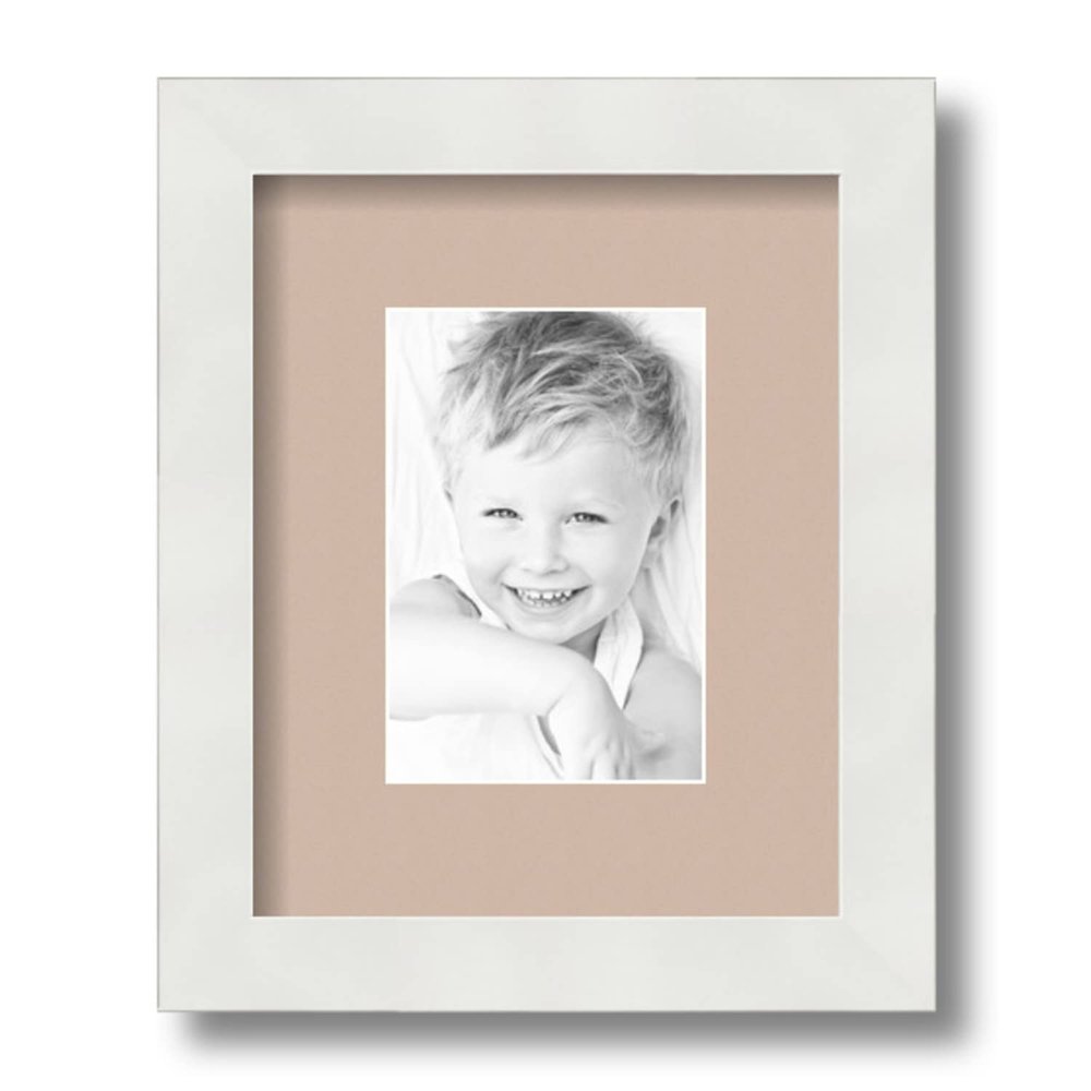 ArtToFrames 4x6 inch Satin White Frame Picture Frame with 2 Inch Single Grey Beige Mat, SingleMat-FRBW26074-4x6-778