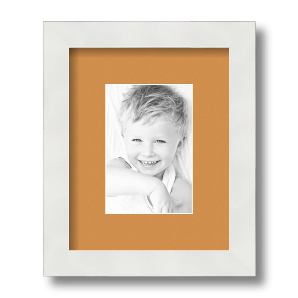 ArtToFrames 4x6 inch Satin White Frame Picture Frame with 2 Inch Single Amber Mat, SingleMat-FRBW26074-4x6-8409