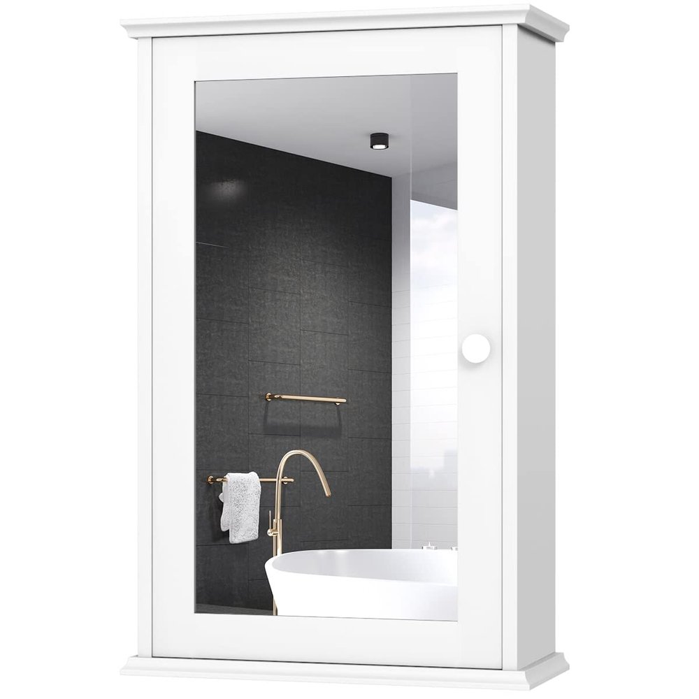 Hysache Bathroom Medicine Cabinet, Wall Mount Mirrored Storage Cabinet w/Single Mirrored Door & Adjustable Shelf, Multipurpose Wooden Organizer for Hallway Living Room Bed, 13.5" L x 6" W (White)