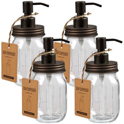 Amolliar 4 Pack Mason Jar Liquid Soap Dispenser, Rustproof Stainless Steel Lid Pump, Refillable Hand Soap for Bathroom, Kitchen, Cute Farmhouse Decor for Dish Soap, Liquid Soap, Lotions(Bronze)