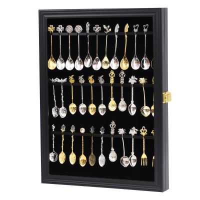 COMSREV 36 Souvenir Tea Spoon Display Case Wall Mount Lockable UV Protection Acrylic Door Wood Display Rack Stand for Spoon