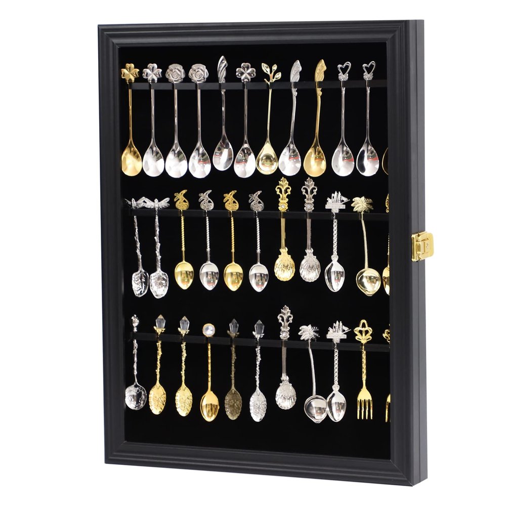 COMSREV 36 Souvenir Tea Spoon Display Case Wall Mount Lockable UV Protection Acrylic Door Wood Display Rack Stand for Spoon
