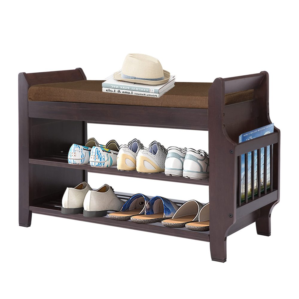 FURFIMU Bamboo Shoe Bench Entryway with Storage, Removable Cushion, 2-Tier Shoe Rack, 30.9" x 11.6" x 19.5"