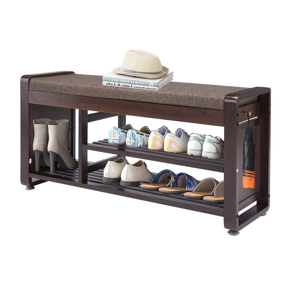 FURFIMU Bamboo Shoe Bench with 3 Side Hooks, Removable Grey Cushion, 2-Tier Entryway Shoe Storage, 37.4"x11.4"x19.3"