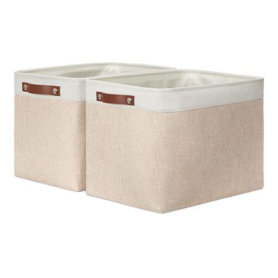 DULLEMELO 2-Pack Large Storage Baskets for Organizing 16"x12"x12" Canvas Fabric Storage Basket Bins With Leather Handles for Shelf Clothes Empty Gift Basket (White&Khaki)