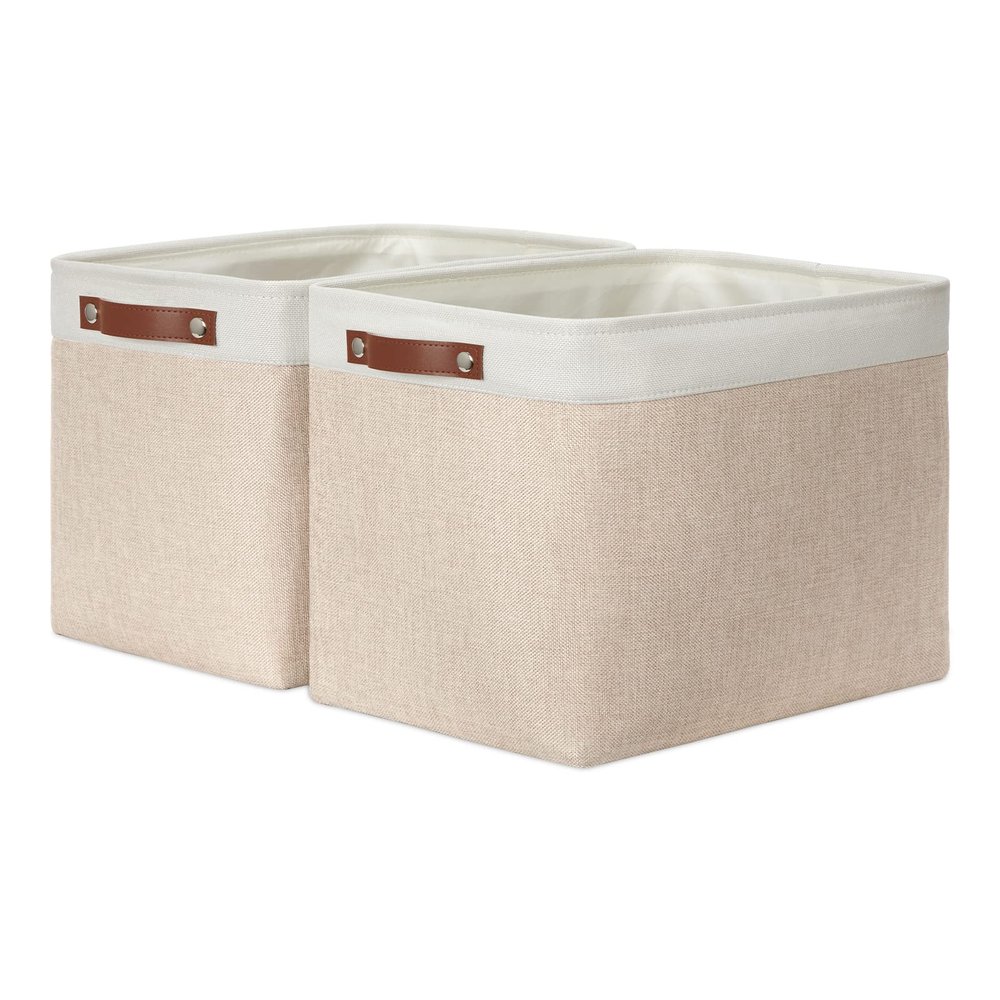 DULLEMELO 2-Pack Large Storage Baskets for Organizing 16"x12"x12" Canvas Fabric Storage Basket Bins With Leather Handles for Shelf Clothes Empty Gift Basket (White&Khaki)