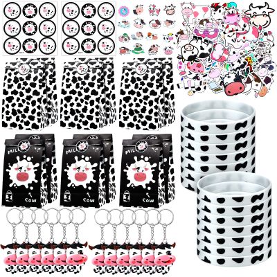 104 Pcs Cow Party Favors Include Cute Cow Silicone Bracelets Keychain Party Present Bags Waterproof Animal Stickers for Birthday Supplies