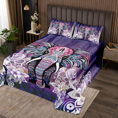 Boho Elephant Bedspread Bohemian Coverlet Set The African Grassland Safari Animal Quilted for Kids Men Women Adults Paisley Lotus Exotic Bedspread Quilt Set with 2 Pillow Cases Queen Size