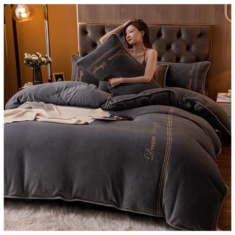 BDMFJY Duvet Cover Set Double Bed Milk Velvet Flannel Thick Thermal Bedding 4 Piece Set, Warm and Breathable Winter Quilt Cover with Zipper Closure,B,2.0m Bed 220x240