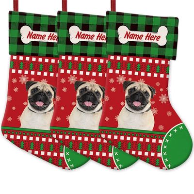 MALIHONG 3 Packs Personalized Christsmas Green Buffalo Plaid Red Stockings with Dog Pug for Festival Decor 14.4"